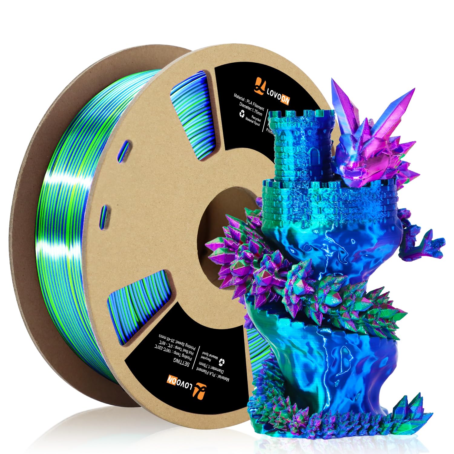 LOVOON Tricolor PLA Filament, Silk Rainbow, 1.75mm, 3 Colors, 2.2lbs/Spool