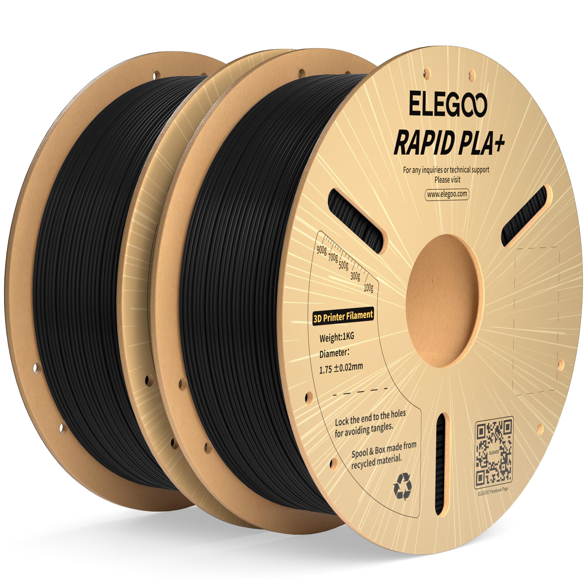 ELEGOO Rapid PLA+ Filament 1.75mm Black 2KG Pack